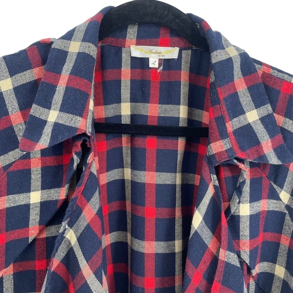 Andrée Plaid Waterfall Open Front Roll Tab Lightweight Cardigan - Sz L - Picture 4 of 13